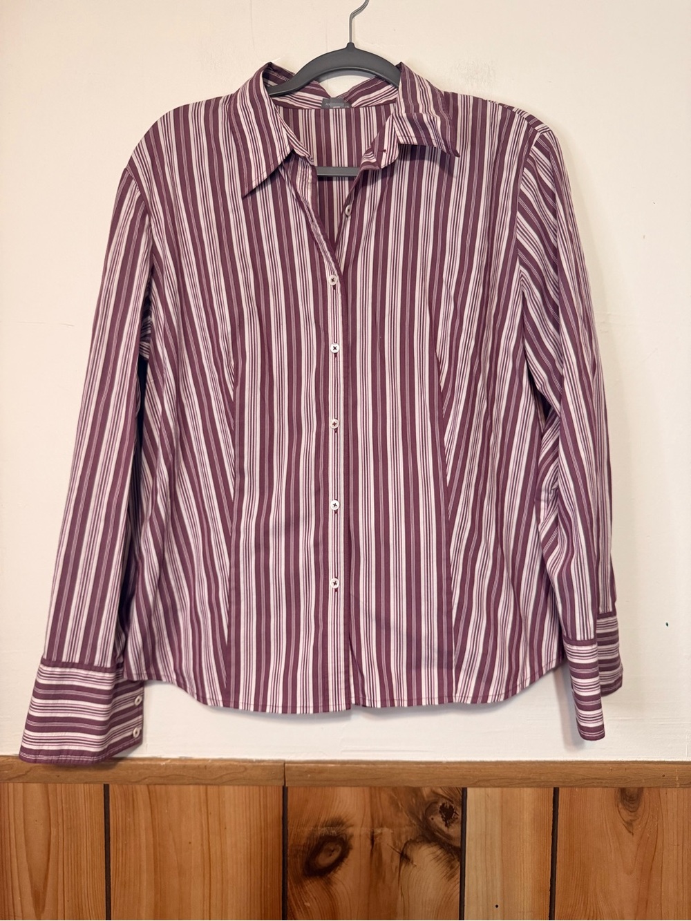 Ann Taylor Striped Button-Up Shirt in Burgundy and White